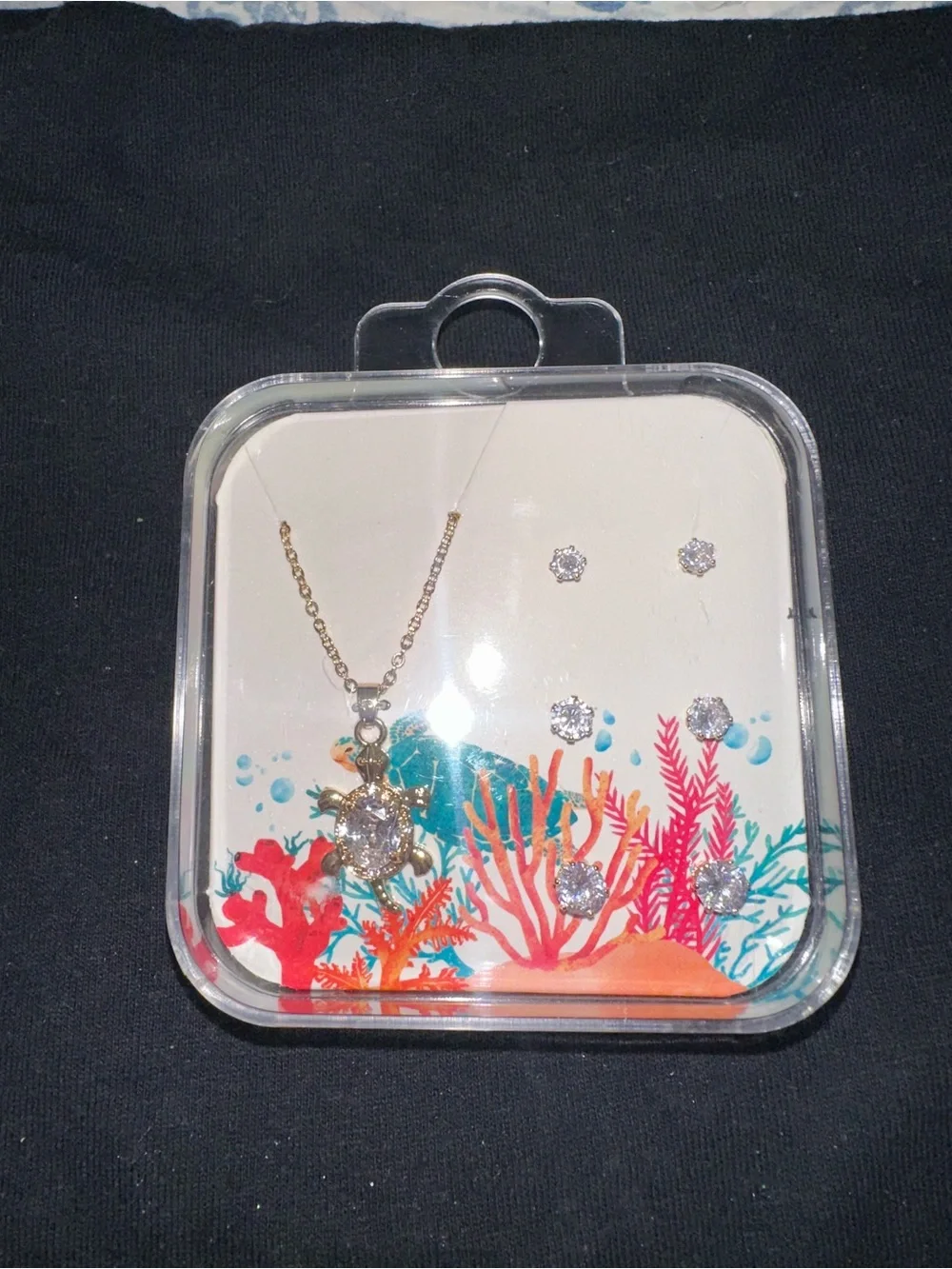 Gold Turtle Pendant Necklace with Crystal Stud Earring Set - Gold